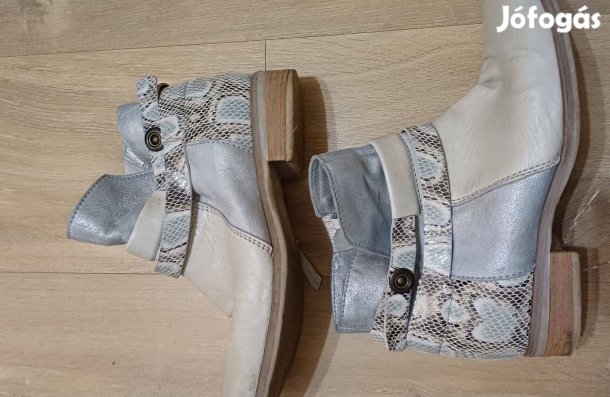 Bézs/kék kígyóbőrmintás női bőr bokacsizma (39)