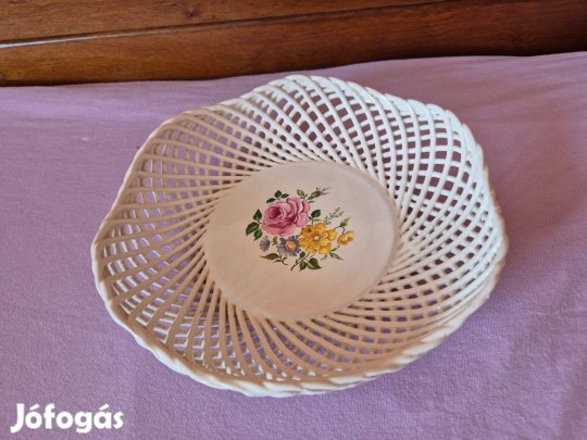 Bodrogkeresztúri kerámia kínáló virágos áttört fonott kosár tál tányér