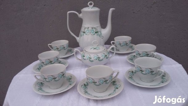 Bogucice porcelán kávés készlet, csésze, kiöntő, cukortartó, türkiz