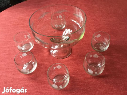 Bólés tál, 6 pohárral, vékonyhalú, metszett üvegből, antik