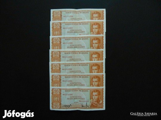 Bolívia 7 darab 50 bolivár 1962 Sorszámkövető !