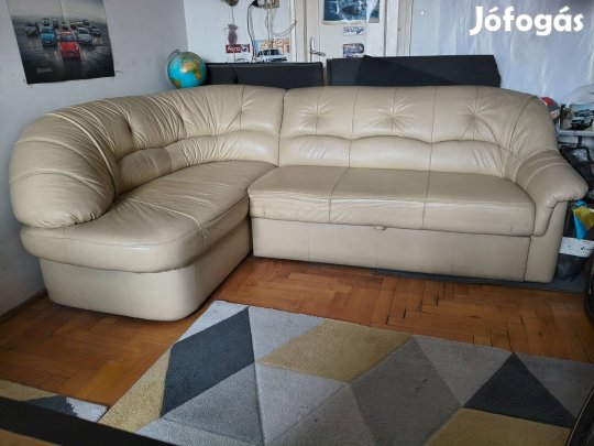 Bőr sarokgarnitúra bézs / krém kihúzható ágy