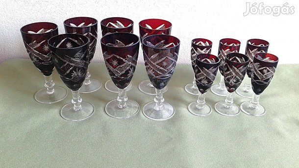 Bordó, csiszolt kristály, boros és röviditalos pohárkészlet