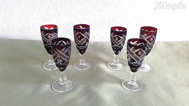 Bordó, csiszolt kristály, röviditalos pohárkészlet 6 db/szett
