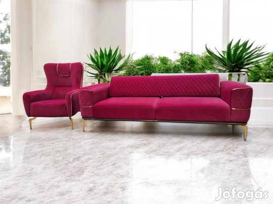 Bordó bársony kanapé és fotel arany szegélyekkel