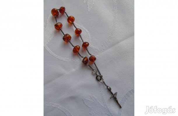 Borostyán 1 tizedes rózsafűzér ezüst lánccal kereszttel