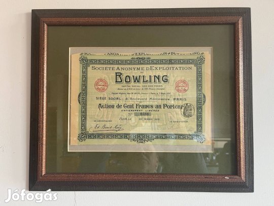 Bowling 1910-es Francia részvény szép keretben Kiváló ajándék!!
