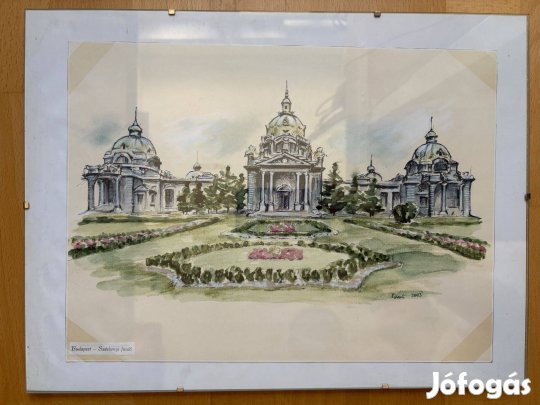 Bp. Széchenyi fürdő akvarell, szignózott (R. Hédi), 2003, üvegkerettel