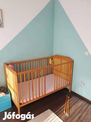 Brendonos, fa, 70*140 cm rácsos kiságy kókusz matraccal eladó