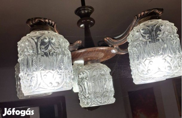 Bronz karú, fa csillár üveg búrákkal