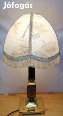 Bronz oszlopos asztali lámpa különleges tájképes szövet ernyővel