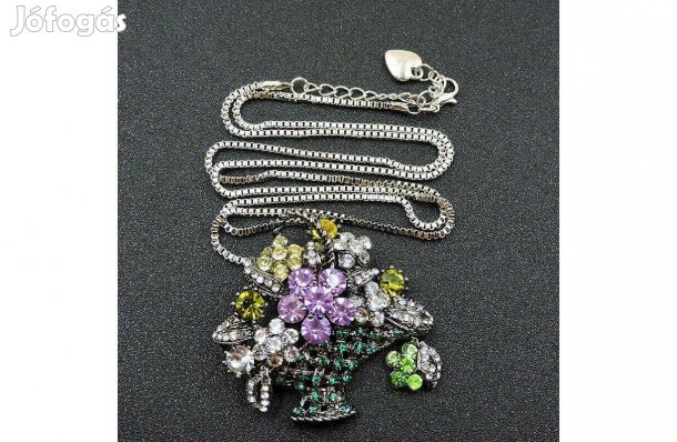 Bross, kitűző BNY22 - Strasszköves zöld kosaras virágok medál nyaklánc