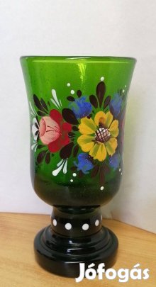 Buborékos vastag falú festett Waldglas talpaspohár a 19. század elejér