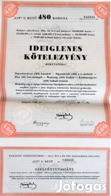 Budapest Székesfőváros Ideiglenes Kötelezvény 1946 szelvényutalvánnyal