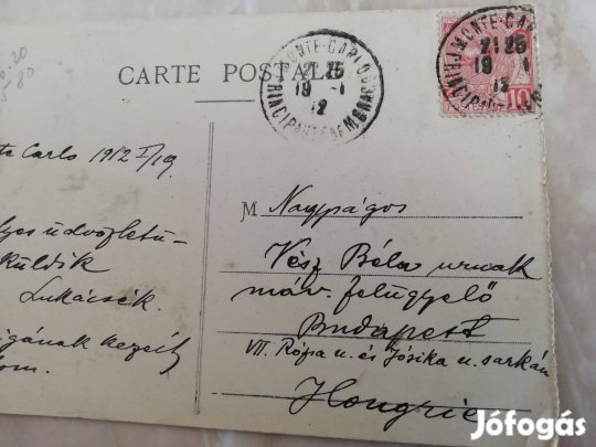 Budapestre cimezve 1912-es szép Monte-Carlo-i képeslap ritka