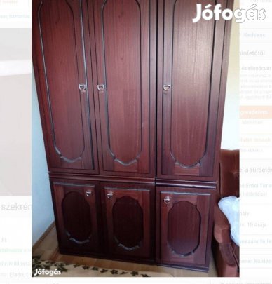 Bútorok ülőgarnitúra, fiókos fenyő komód, mahagóni akasztós szekrény