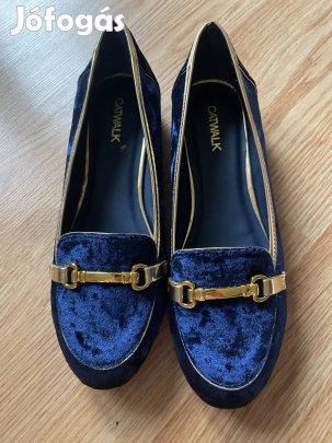 Catwalk kék bársony balerina cipő / félcipő arany dísszel, 40