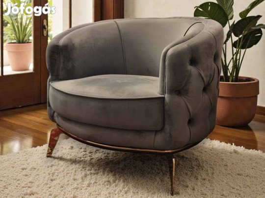 Chesterfield stílusú, szürke bársony-plüss kör fotel