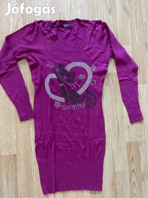 Cicás macskás magenta színű strasszos kötött női ruha / pulóver S