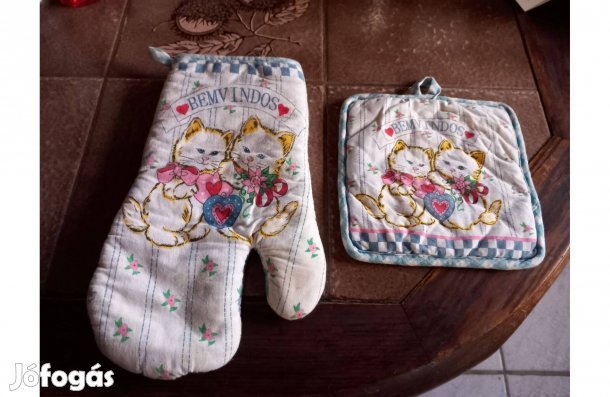 Cicás világoskék konyhai sütő kesztyű + alátét szett - Újszerű