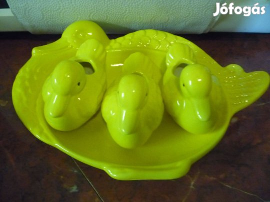 Citromsárga kacsás porcelán tál 3 db fűszertartó kiskacsával egyben