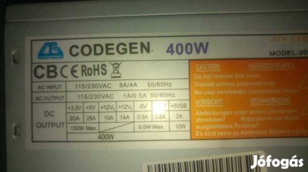 Codegen 400W-os tápegység számítógépbe tesztelt, működő