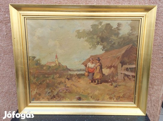 Cs.Farkas Lőrinc olaj-vászon falusi életkép festmény