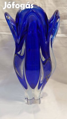 Cseh, művészi üveg váza, kék, 25 cm, hibátlan