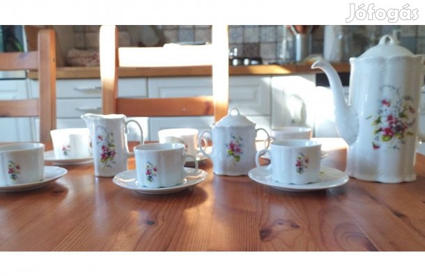 Csehszlovák Bohemia porcelán kávéskészlet 21 részes, virágmintás,