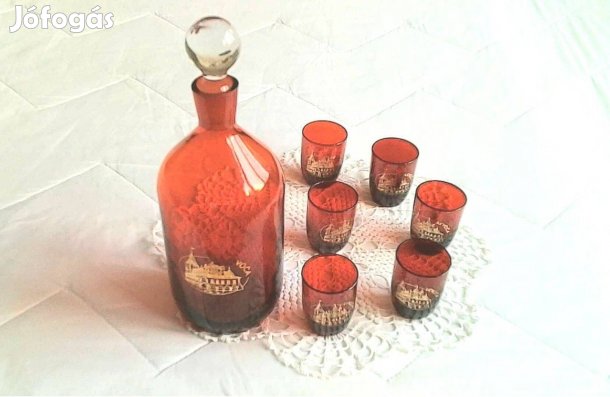 Csehszlovák likőrös pálinkás készlet: kiöntő + 6 pohár