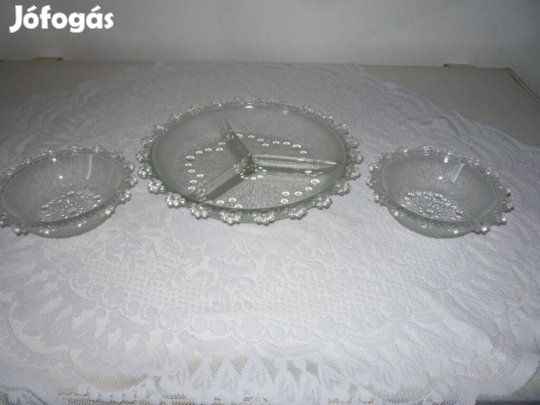 Cseppmintás osztott üveg tál, kínáló +2 kicsi kínáló