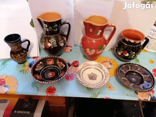 Cserép kancsó, köcsög, tányér, tál