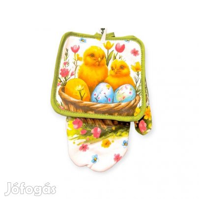 Csibék, tojások és tulipán mintás edényfogó kesztyű és szalvéta, 2 db