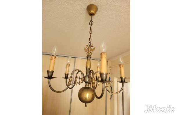 Csodás, 5 ágú, gyertyaizzós, réz függőlámpa