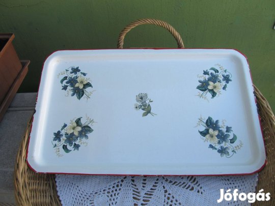 Csodás, régi, tűzzománc tálca, ibolya mintás