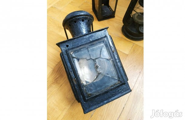 Csodaszép régi, vas viharlámpa, vastag üvegezéssel - sérült