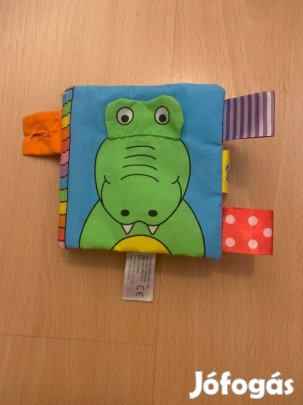 Csörgő, zörgő, zizegő textil könyv, első könyv, állatok, címke