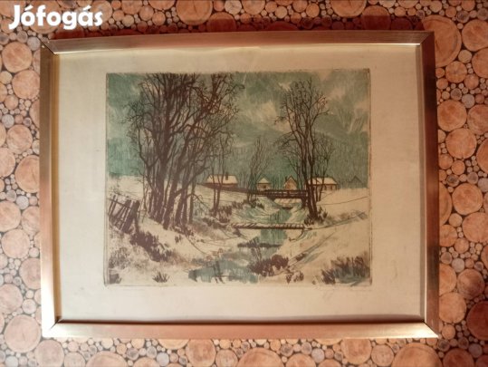 Csurgói Máté Lajos - "Téli patak" színes rézkarc 