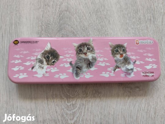 Cuki, hibátlan macska / cica mintás fém tolltartó, doboz, tároló