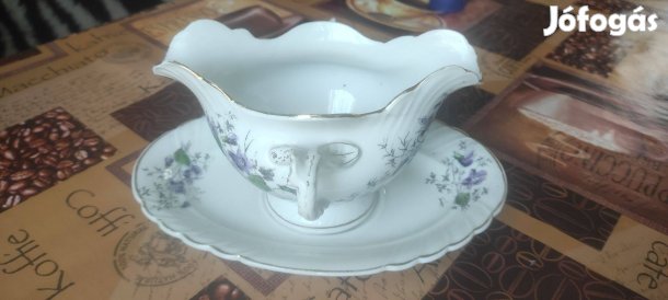 Cukortartó tálka alátéttel lila virágos, aranyozott, jelzés: 543 22