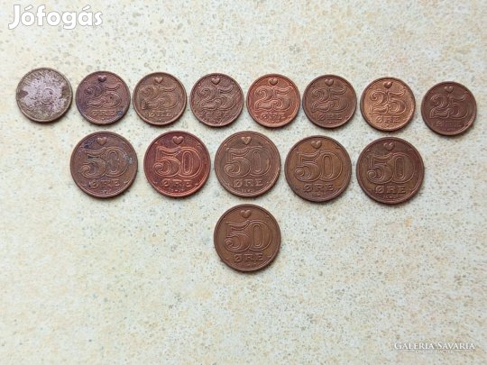 Dánia 14 db Különböző Érme 10,25,50 Öre 1955-1999