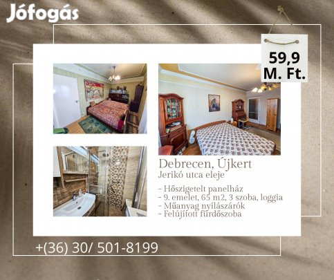 Debrecenben, az Egyetemhez közel, 3 szobás, loggiás, panellakás eladó