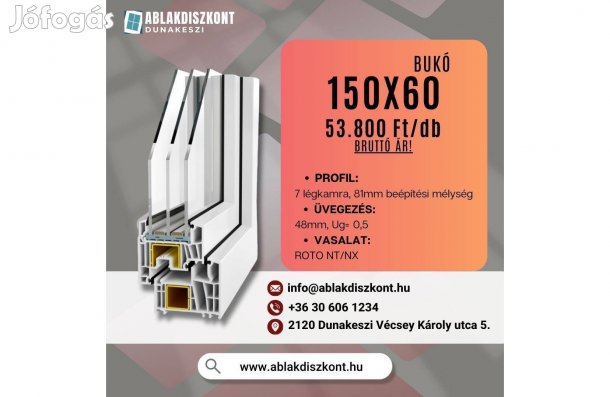 Decco 150x60 bukó műanyag ablak 3 rétegű üvegezéssel raktárról