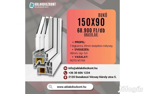 Decco 150x90 bukó műanyag ablak 3 rétegű üvegezés raktárról azonnal