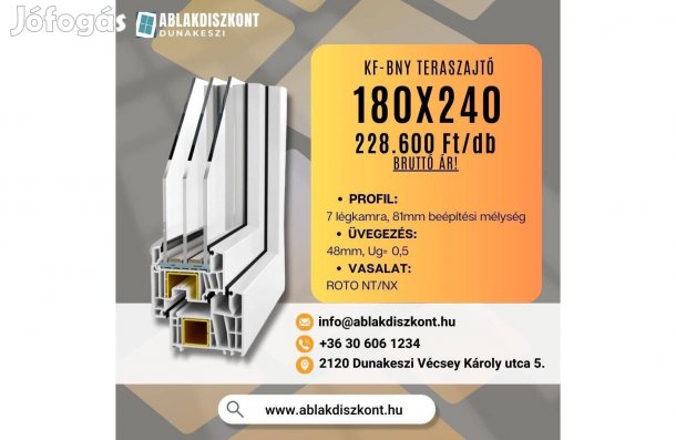 Decco 180x240 kf-bny műanyag teraszajtó 3 rétegű üvegezéssel raktárról