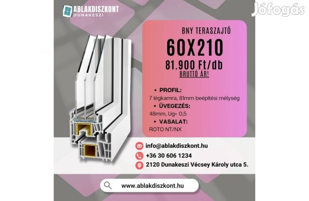 Decco 60x210 bukó-nyíló műanyag teraszajtó 3 rétegű üvegezés raktárról