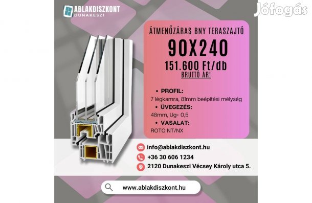 Decco 90x240 átmenőzáras műanyag teraszajtó 3rétegű üvegezés raktárról