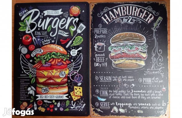 Dekorációs fém tábla (Finom Burgerek Nagy Forró Ízes - Hamburger Recep