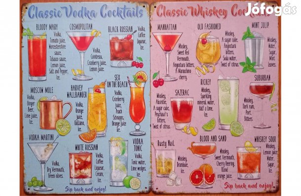 Dekorációs fém tábla ( Klasszikus Vodka - Klasszikus Whiskey Koktél -