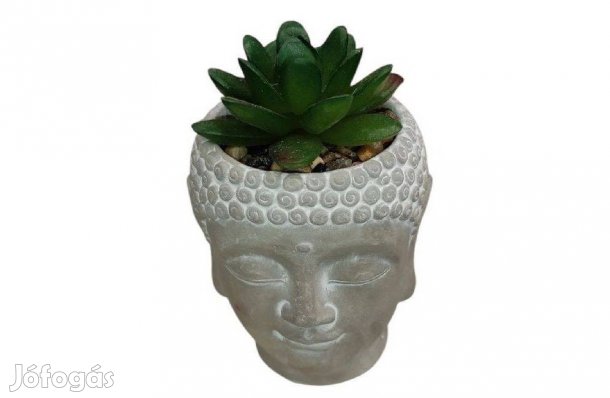 Dekoratív Buddha fej cserép műnövénnyel 8x8x9,5 cm, stílusos otthoni